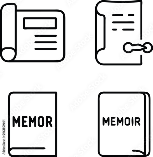 Fotografie Set of memoir and document archive icons featuring rolled scrolls and bound book covers designed in simple linear style for professional organization