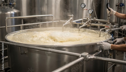 Industrial batch saponification kettle with fats and lye actively reacting showcasing traditional soapmaking in a controlled medium shot view.