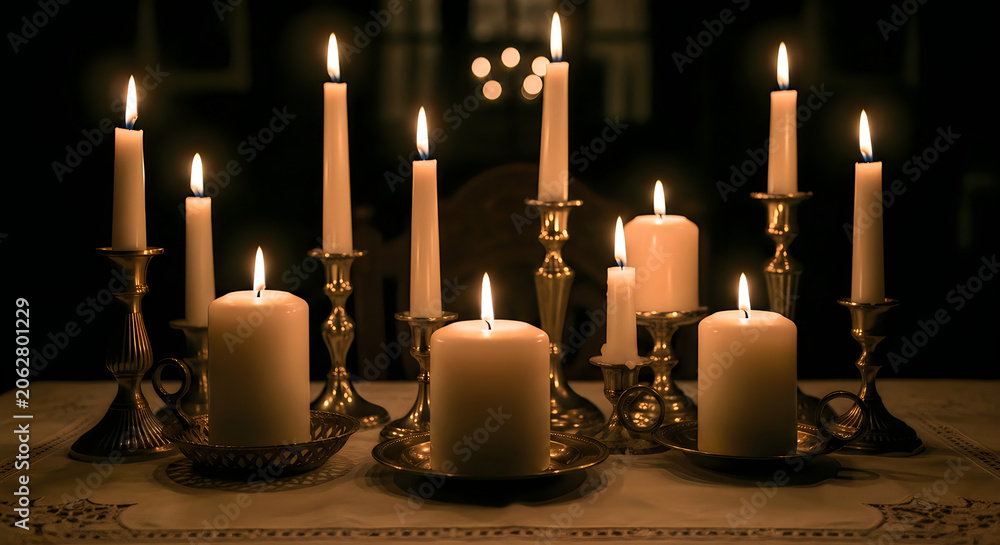 Naklejka premium Colorful lego candle holders with lit candles on a table at night