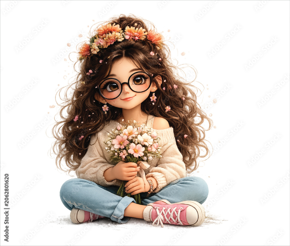 Naklejka premium A sweet girl with long curly hair and round glasses sits holding a bouquet of flowers