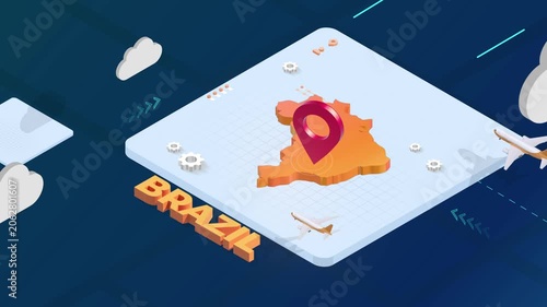 Isometric 3D Render of Brazil Map with Red Location Pin Pointer and Floating Airplanes