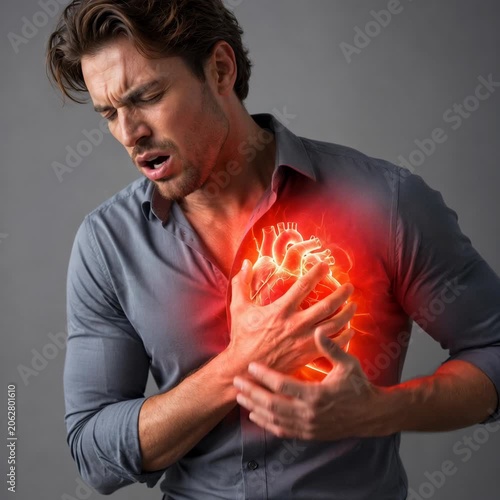 Caucasian man experiencing severe chest pain. Healthcare concept depicting cardiac arrest as man clutches heart due to sudden agony causing physical distress here.