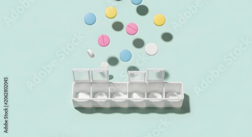 Colorful medical pills falling into white plastic pillbox, daily medication organizer on light blue background, pharmaceutical healthcare concept