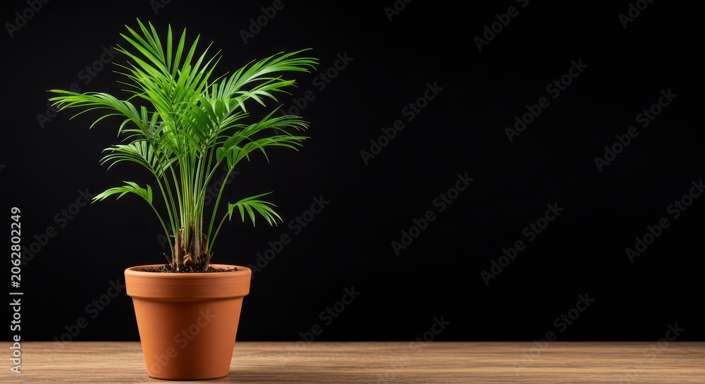 Fototapeta premium A vibrant green miniature tropical palm tree growing robustly in a simple brown clay pot, symbolizing growth and indoor gardening, foliage, pot, miniature