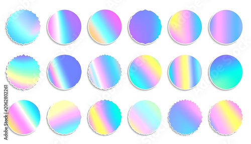 Collection of holographic circles with vibrant gradient colors and soft shadows on white background, abstract iridescent shapes, digital art elements