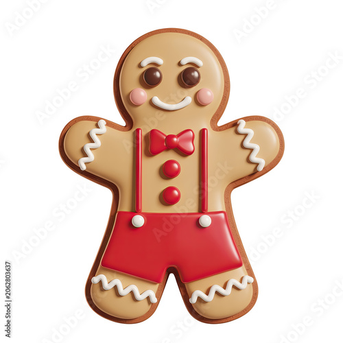 Gingerbread Cookie Figure with Red Icing Details and Smiling Face on White Background