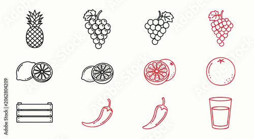 Fresh fruit and food icons featuring pineapple grapes and chili