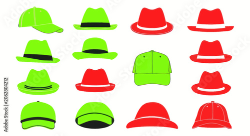 Assorted stylish hats and caps in vibrant red and green colors