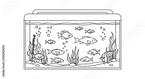 Aquarium with diverse fish and aquatic plants line art