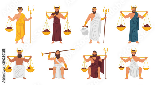 Ancient greek gods and merchants with scales and tridents collection