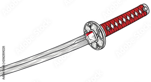 Traditional katana sword with intricate red hilt and curved blade