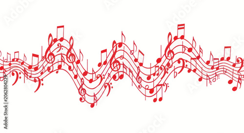 Red musical notes on a flowing rhythmic staff line