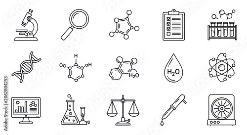 Laboratory and chemical research thin line icon set