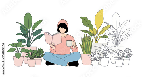 Woman sitting cross legged reading book among potted indoor plants