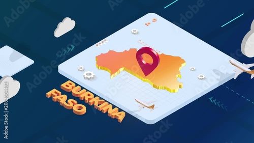 Isometric 3D Render of Burkina Faso Map with Red Location Pin Pointer and Floating Airplanes