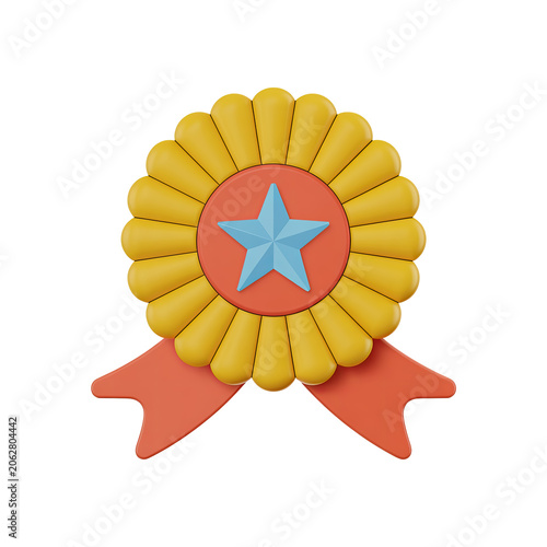 Vibrant Yellow Ribbon Badge with Blue Star on Isolated Background