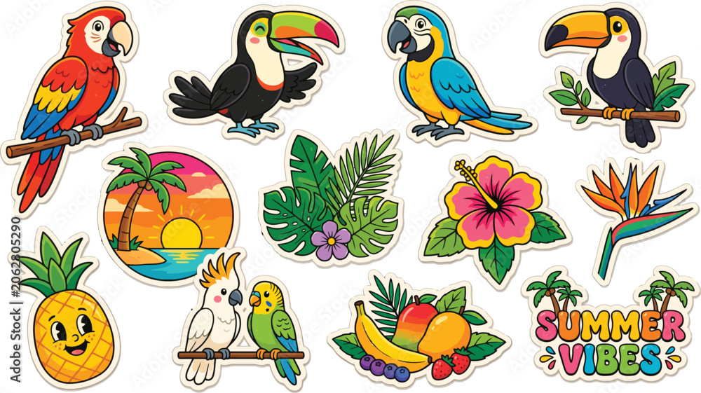 Obraz premium Colorful Tropical Sticker Collection Featuring Parrots, Fruits, and Flowers