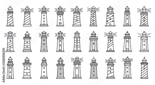 Minimalist lighthouse line icons set for maritime navigation