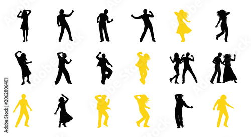 Dancing silhouettes of people in various energetic poses