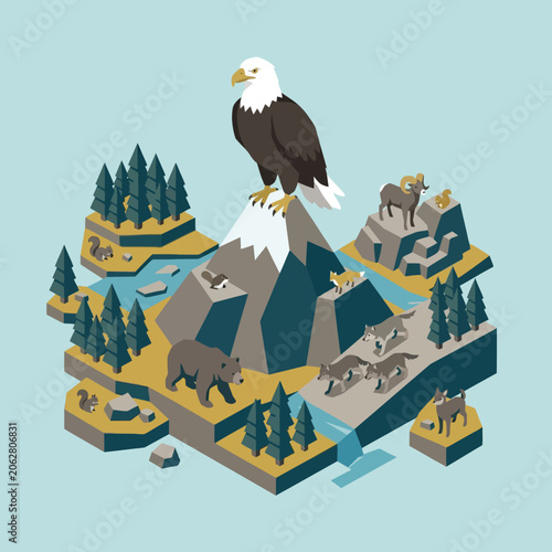 Photography An isometric illustration of various wild animals in nature