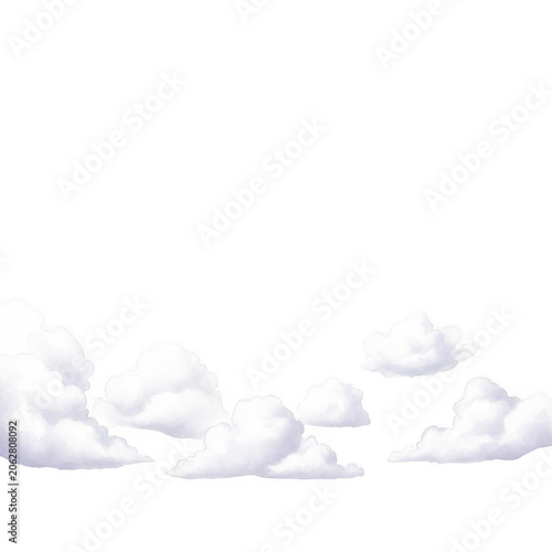 Fluffy white cumulus clouds scattered across a transparent background isolated on transparent background