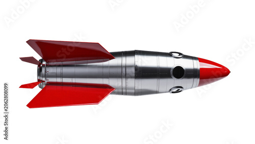 Silver and red rocket with fins, isolated on transparent background