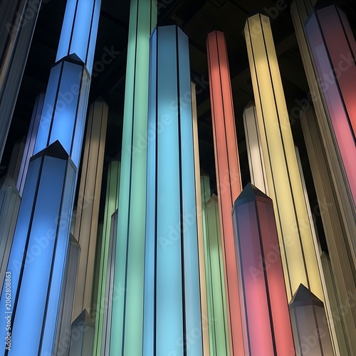 Colorful vertical stripes of light on dark background.
