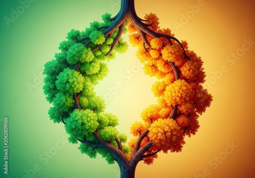 Observing an eternal cycle of renewal where vibrant green foliage effortlessly transitions into the rich golds of a perpetual autumn, present, spring, autumn