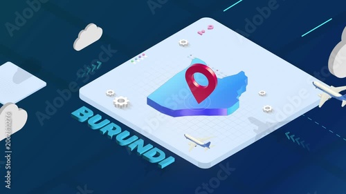 Isometric 3D Render of Burundi Map with Red Location Pin Pointer and Floating Airplanes