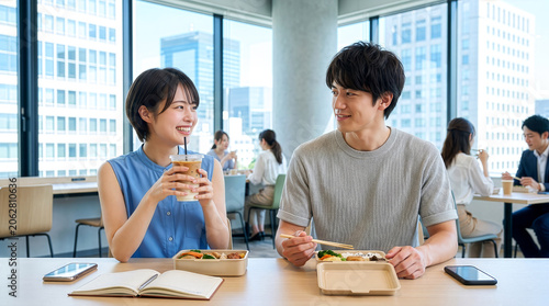 オフィスの休憩スペースでランチを食べながら楽しそうに会話をする男女