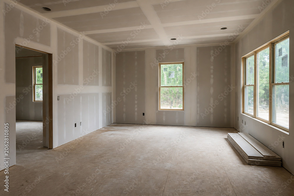 Fototapeta premium An empty, bright room under construction with white walls and a concrete floor.