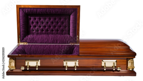 Canvastavla Ornate wooden coffin with plush purple velvet interior, isolated on transparent