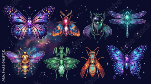 Bild auf Leinwand Vibrant Cosmic Insect Illustrations A Collection of Fantastical Butterflies, Dra