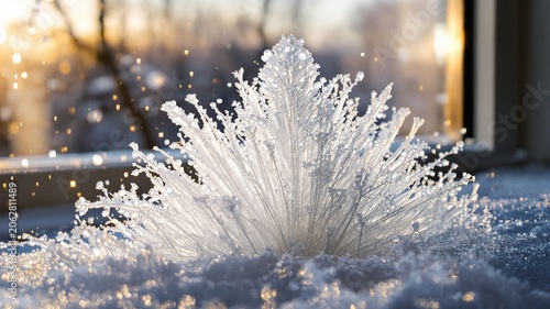 Frost crystal formation spreading radially on winter window pane
