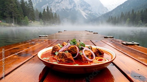Wooden table with pizza and salad by serene lake.