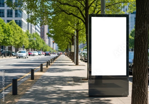 Blank digital billboard on a sunny city sidewalk beside a busy street with green trees and cars