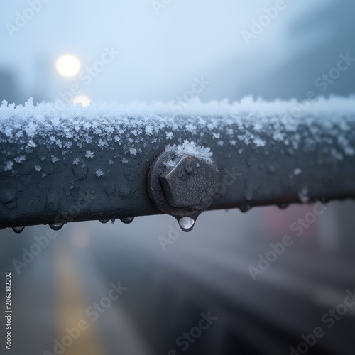 Frost-covered safety rail with water droplet macro detail [1x1]