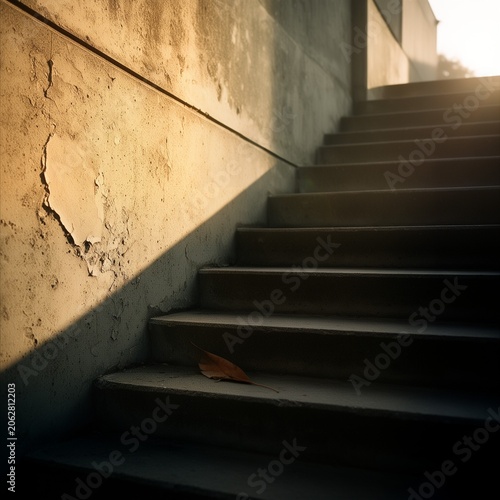 Brutalist concrete staircase with diagonal shadows and leaf [1x1]