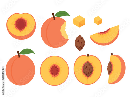 Set of peach or apricot fruit illustrations featuring whole peaches, sliced halves, wedges, cubes, pits, and bitten peach pieces. Flat vector collection isolated on a white background.