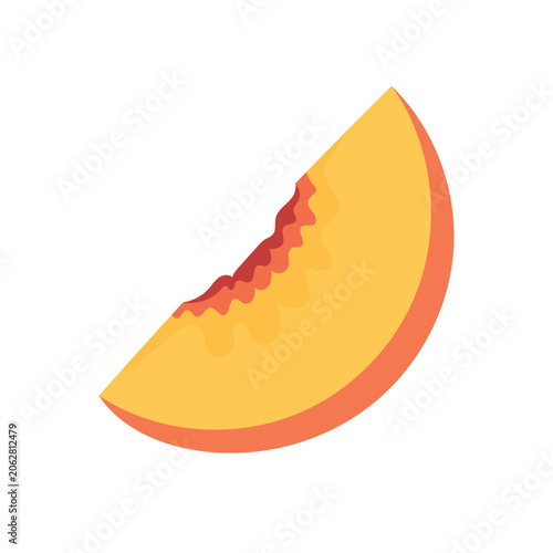 Peach slice with juicy golden flesh. Simple flat vector illustration of fresh fruit wedge isolated on a white background, healthy food.