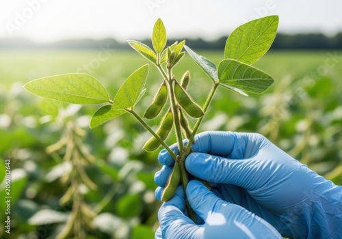 Farmer holding soybean pods in a sunlit field during harvest with green leaves and bokeh background
