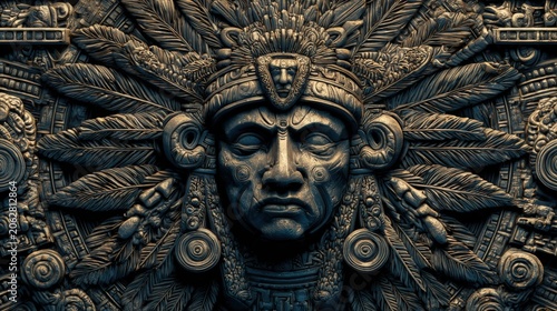 Maya Aztec civilization, Mexico culture. Mysterious, fantasy. A detailed, intricately carved sculpture of a central figure, likely a deity or deity.