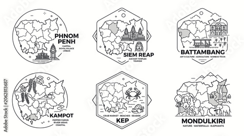 Tableau sur toile Minimalist cambodian province travel stamps and landmark icons