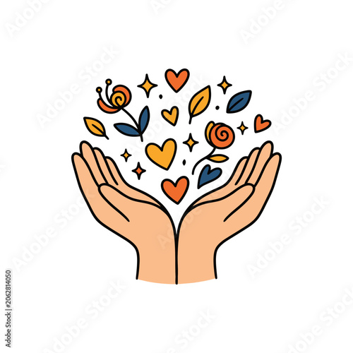 Obraz na płótnie Two hands holding floating hearts and flowers in a flat design
