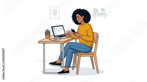 Woman Working on Laptop at Home Office Desk with Cat Illustration