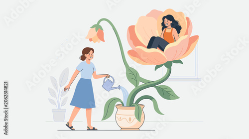 Woman watering plant with another woman inside flower
