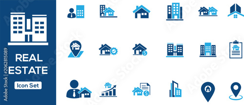 Obraz na plátně Real estate icon set 18 blue and white property symbols, Icon pack contains prop