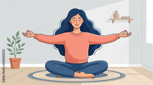 Woman Meditating in Lotus Position at Home