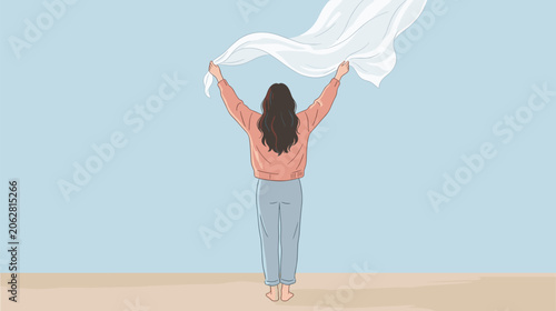 Woman Standing with Arms Raised Holding Cloth in Air