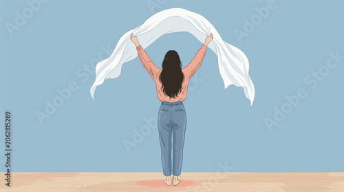 Woman Standing with Arms Raised Holding Cloth in Air